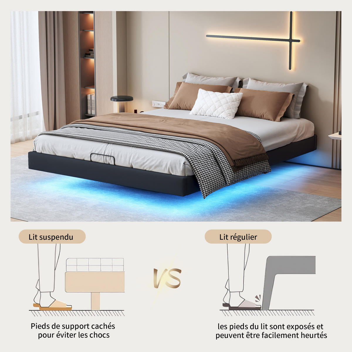 POLSTERBETT 160x200 cm LED schwebend Lattenrost schwarz - Schwarz, Holz (160/200cm) - LEBENLANG