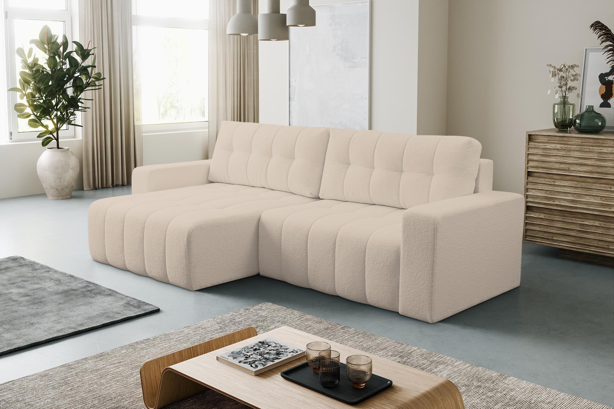 ECKSOFA Masina Hellbeige, Schlafsofa aus Veloursstoff - Creme, Holzwerkstoff (245/143cm) - Bettso