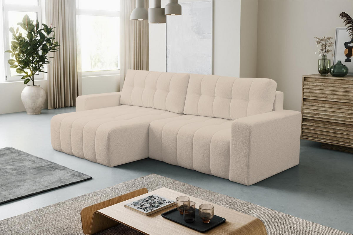 ECKSOFA Masina Hellbeige, Schlafsofa aus Veloursstoff - Creme, Holzwerkstoff (245/143cm) - Bettso