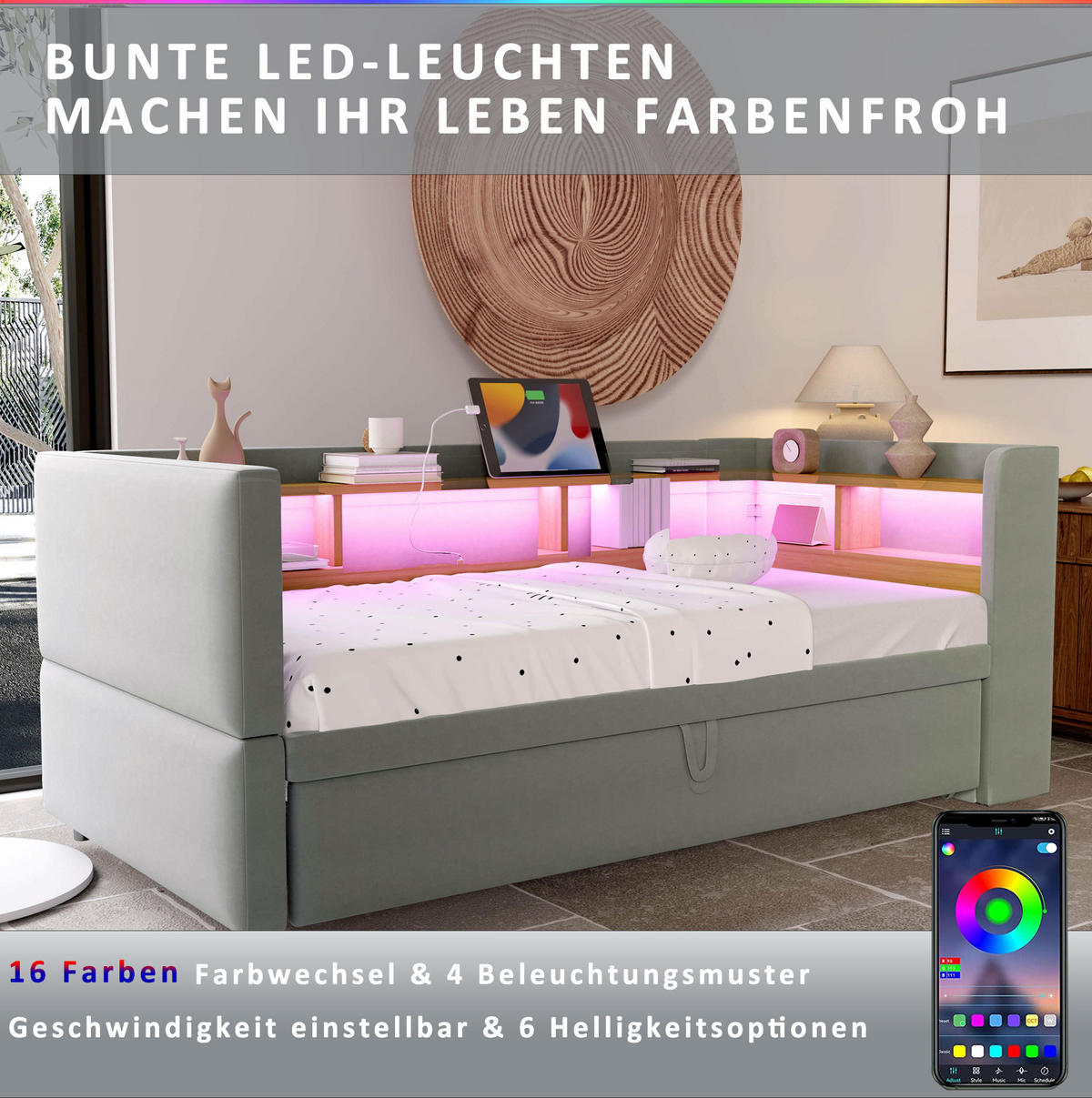SCHLAFSOFA 90/190 cm ausziehbar mit LED-Beleuchtung, Steckdosen und Ablagefächern, Hellgrau - Hellgrau, Textil (199/80/211cm) - Redom
