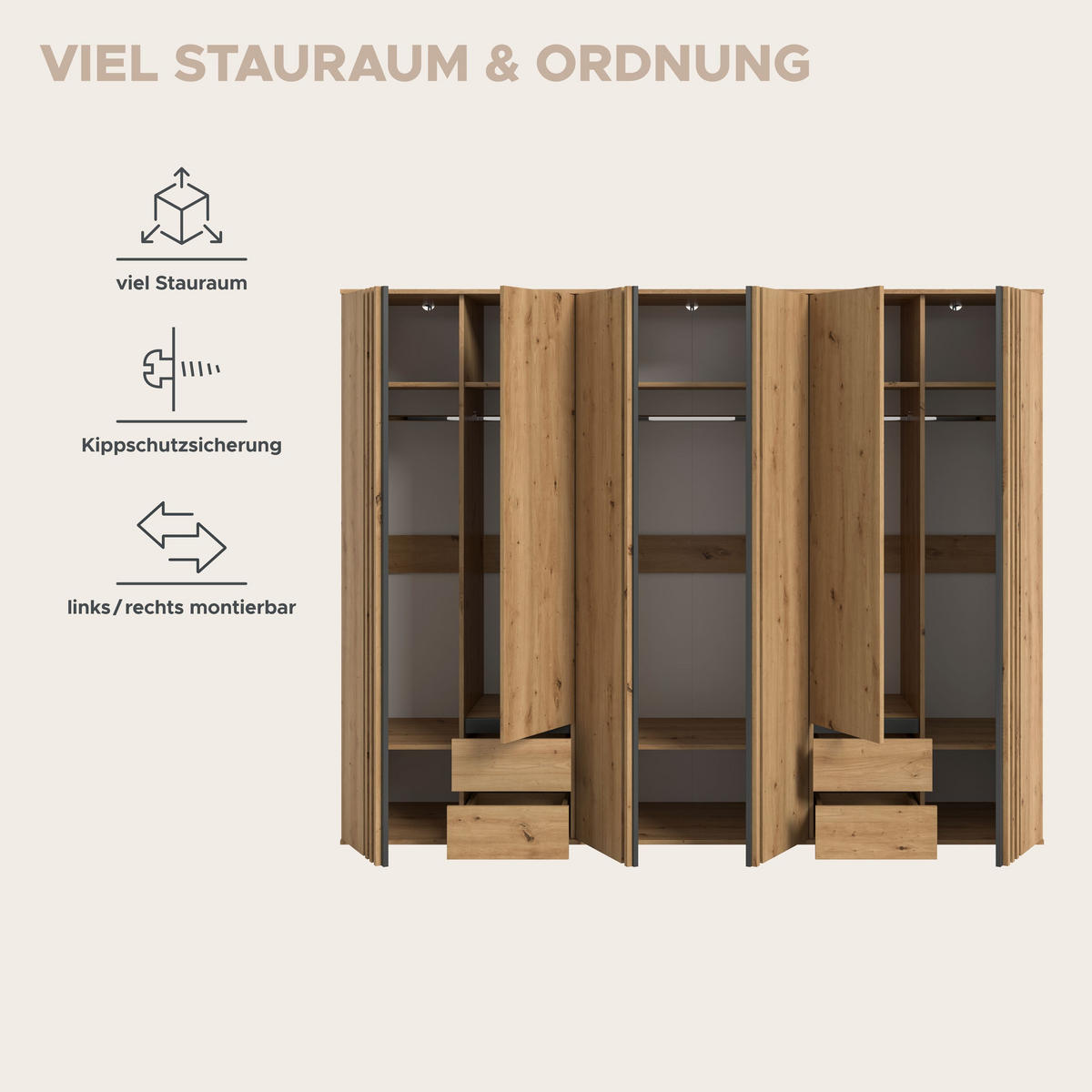 KLEIDERSCHRANKKOMBINATION TOFTA (B/H/T: ca. 240/190/56 cm) in Artisan Eiche Nachbildung/Artisan Eiche Nachbildung - Eiche Artisan, Holzwerkstoff (240/190/56cm)