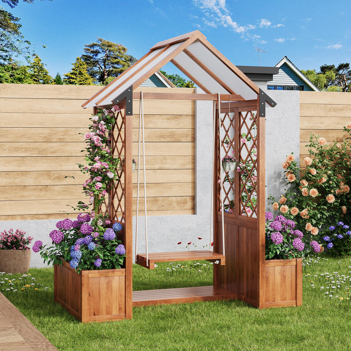 PFLANZKÜBEL Holz Braun mit Spalier Sonnendach Garten - Braun, Holz (70/163/142cm) - FLIEKS