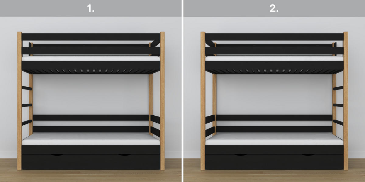 ETAGENBETT N03 mit Schublade Schwarz / Eiche Natur 100/180 - Schwarz/Eiche Artisan, Naturmaterialien/Holz (100/180cm) - N-Wood