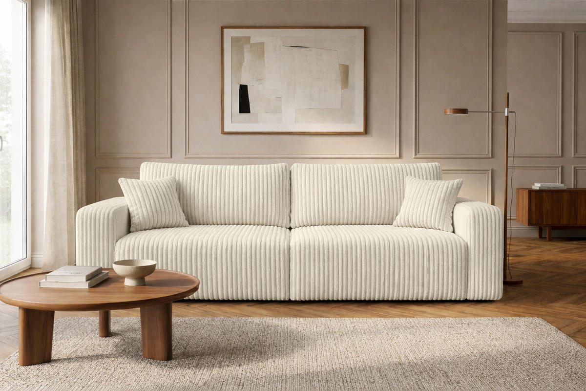 SOFA Mit Schlaffunktion Und Bettkasten, Cordstoff Tilia, Ecru, BEST SCORNER - Ecru, Holz (245/83/90cm) - Kaiser Möbel