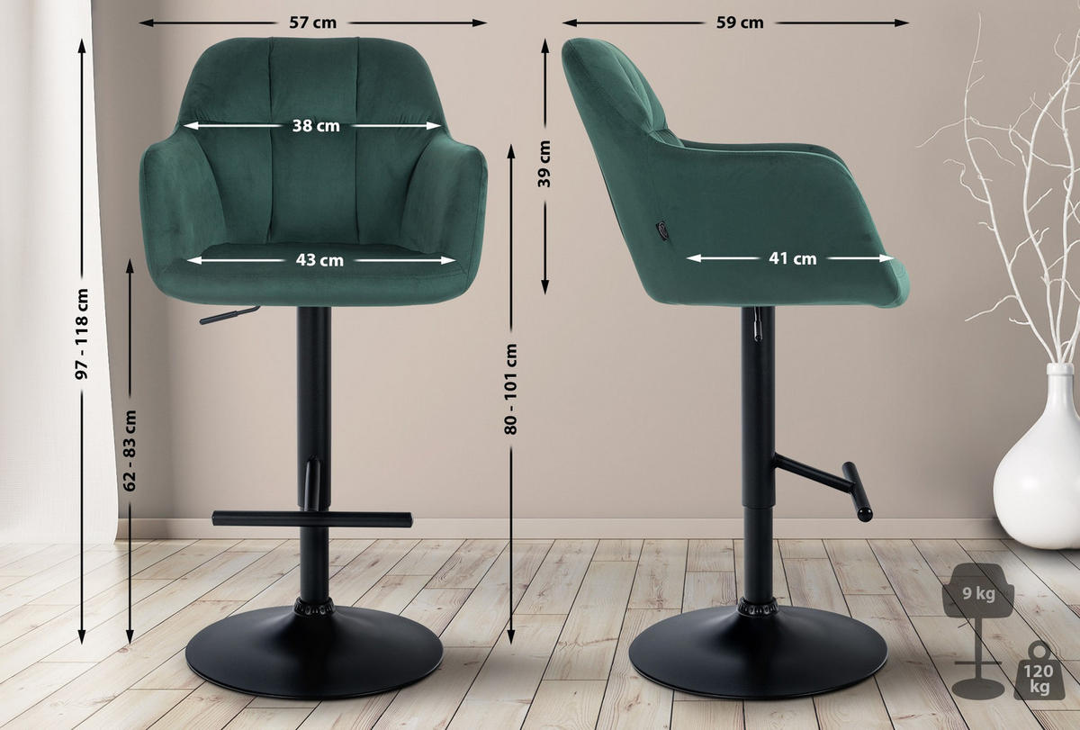 BARHOCKER Samt grün - Schwarz/Grün, Textil (57/97/59cm) - CLP