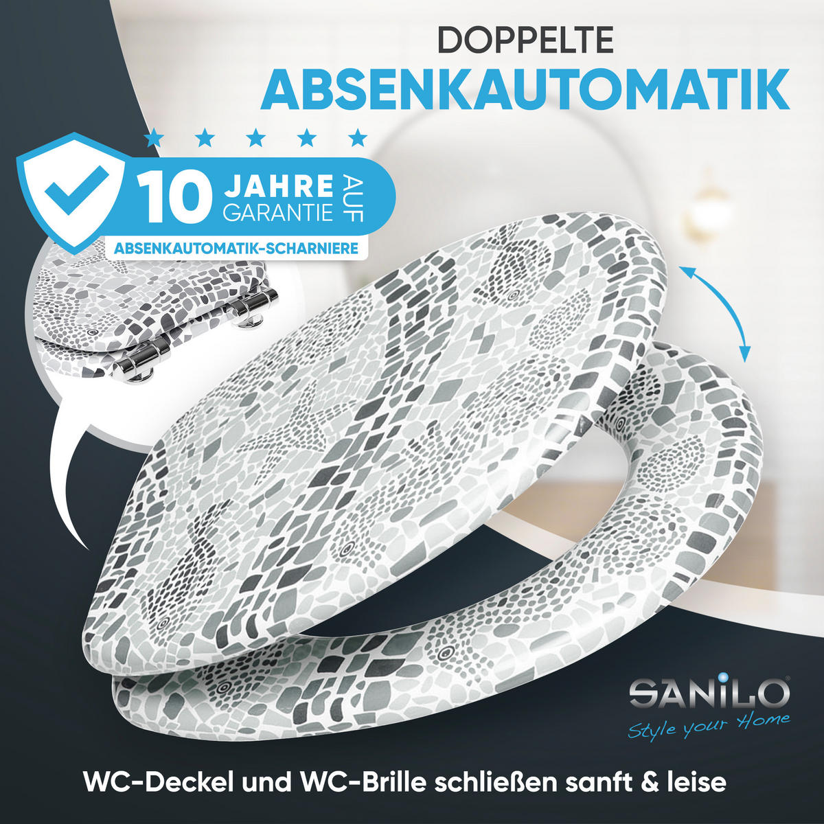 WC-SITZ Soft Close Mosaic World Grey - Grau, Holzwerkstoff (38/6/47cm) - Sanilo