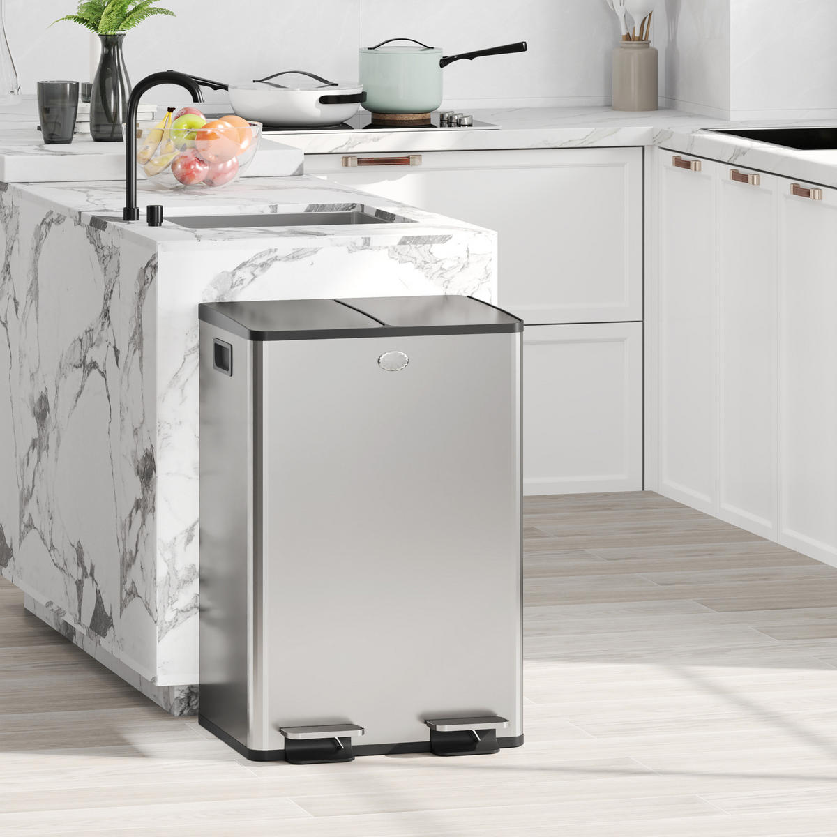 MÜLLTRENNSYSTEM Silber Edelstahl Soft-Close Pedal 2x28L - Silberfarben, Metall (45.8/67.6/36cm) - PANGIVO