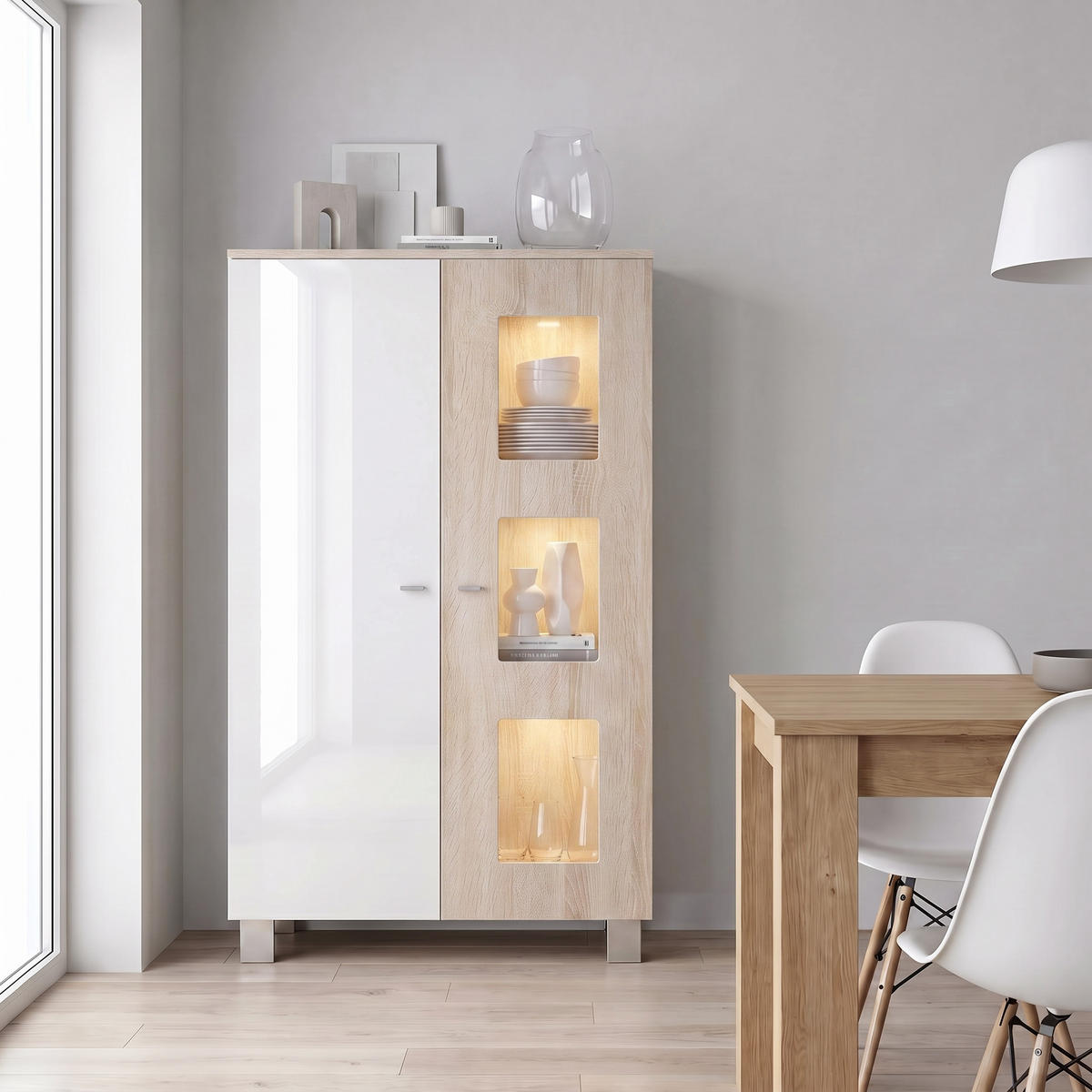 VITRINE Denjo Tür in Eiche sägerau - Eiche San Remo, Holzwerkstoff (71/129/35cm) - Vladon