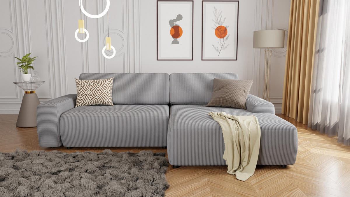 ECKSOFA Nancy Hellgrau Cord - Hellgrau/Schwarz, Holz/Kunststoff (264/162cm) - S-Style Möbel