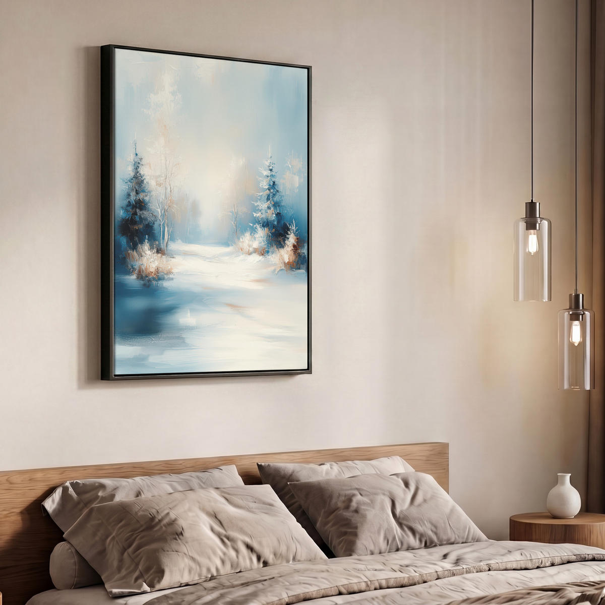 LEINWAND Bilder mit Rahmen - Wald – Winter – Natur – Abstrakt – Schnee - 70x100 - Weiß, Textil (70/100cm) - MuchoWow