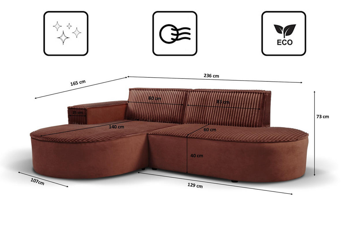 ECKSOFA L-förmiges Modena Soft Kupfer Links - Kupferfarben, Holz (165/236cm) - Kaiser Möbel