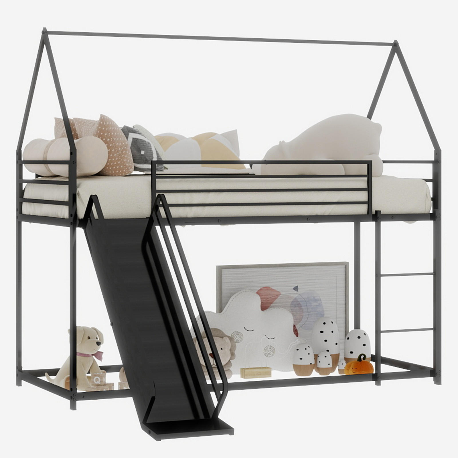 ETAGENBETT in Schwarz Kinderbett mit Rutsche und Leiter im Hausbett-Design - Schwarz, Holzwerkstoff (90/190cm) - STILVORA