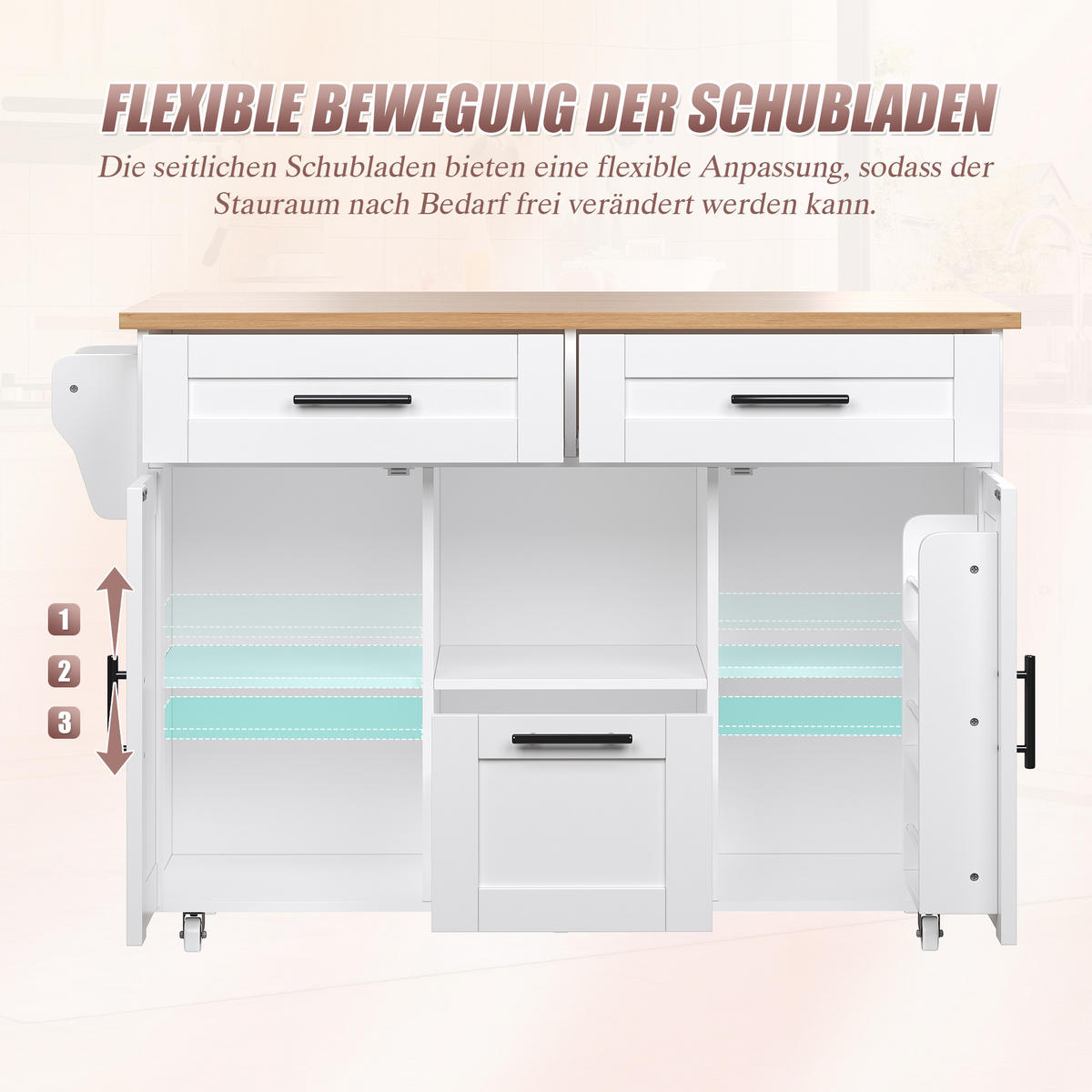 KÜCHENINSEL in Weiß Servierwagen mit Schubladen und Handtuchstange für Küche und Esszimmer, B120/T71/H90 cm - Weiß, Holzwerkstoff/Metall (120/90/71cm) - STILVORA