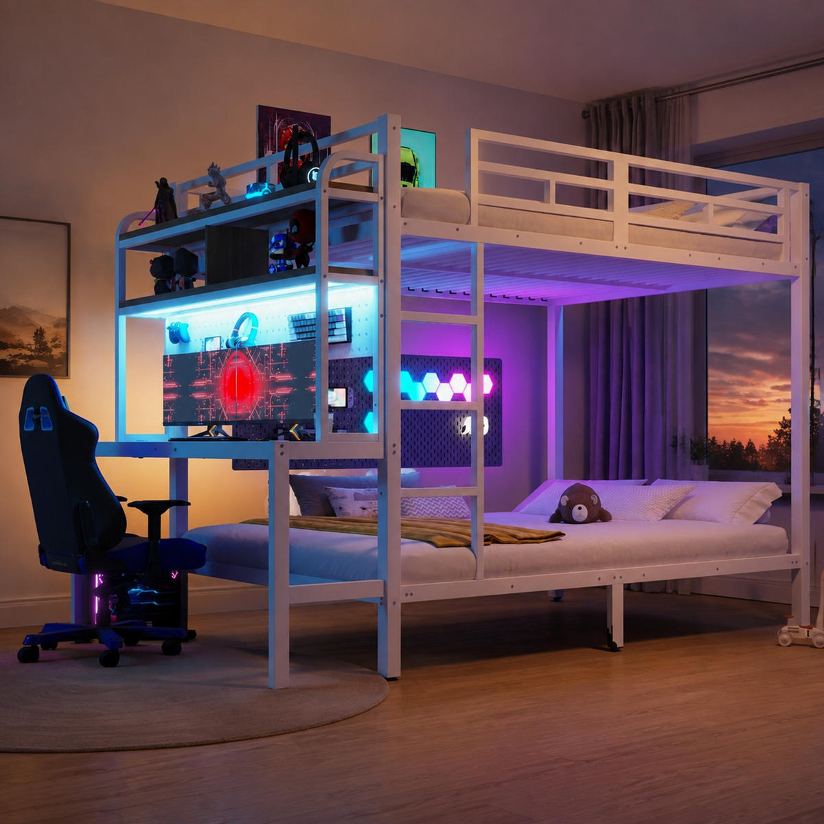 ETAGENBETT 140/200 mit LED, Schreibtisch und USB-Anschluss in Weiß - Weiß, Holzwerkstoff/Metall (140/200cm) - EVRYAE