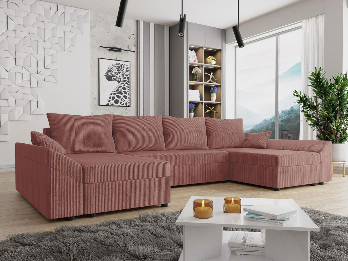 WOHNLANDSCHAFT Dante U Cord - Schwarz/Rosa, Holz/Kunststoff (310/82/140cm) - MIRJAN24