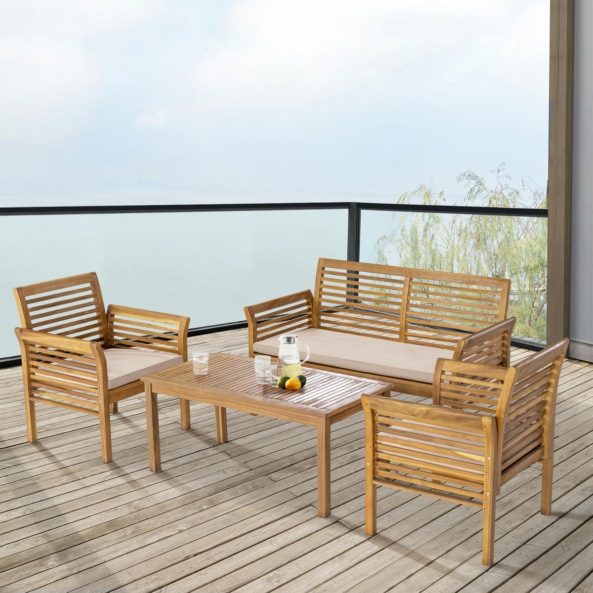 GARTENMÖBEL-SET Candela 4 TLG. - Beige/Akaziefarben, Holz/Textil - casa.pro