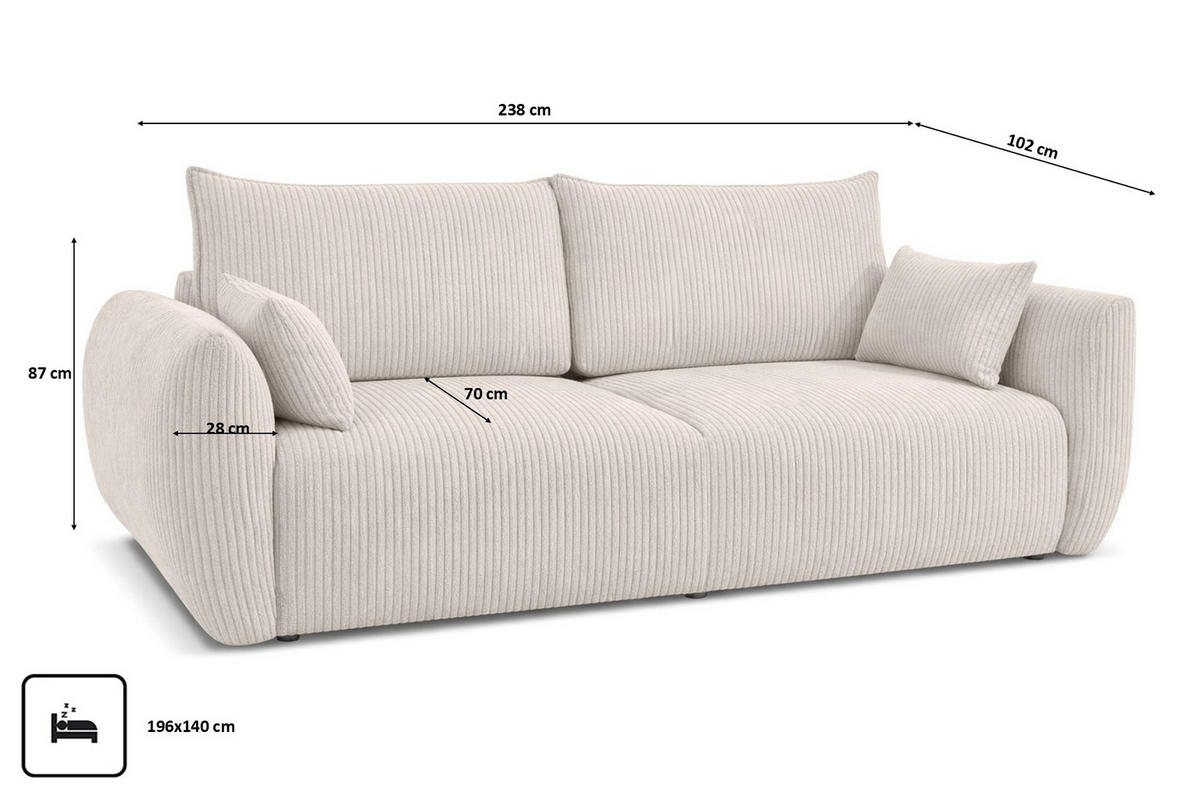 SOFA Mit Schlaffunktion Und Bettkasten, Cordstoff Poso, Beige, Zephira - Beige, Holz (238/87/102cm) - Kaiser Möbel