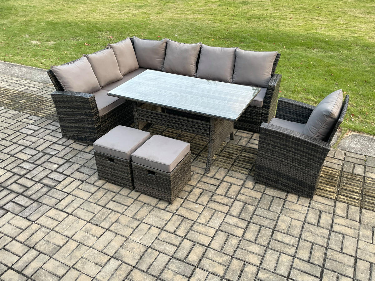 BALKONMÖBEL-SETS mit Ecksofa,Rechteckiger Esstisch,2 Hocker Polyrattan Dunkelgrau 9-Sitzer - Dunkelgrau/Grau, Glas/Kunststoff - Fimous