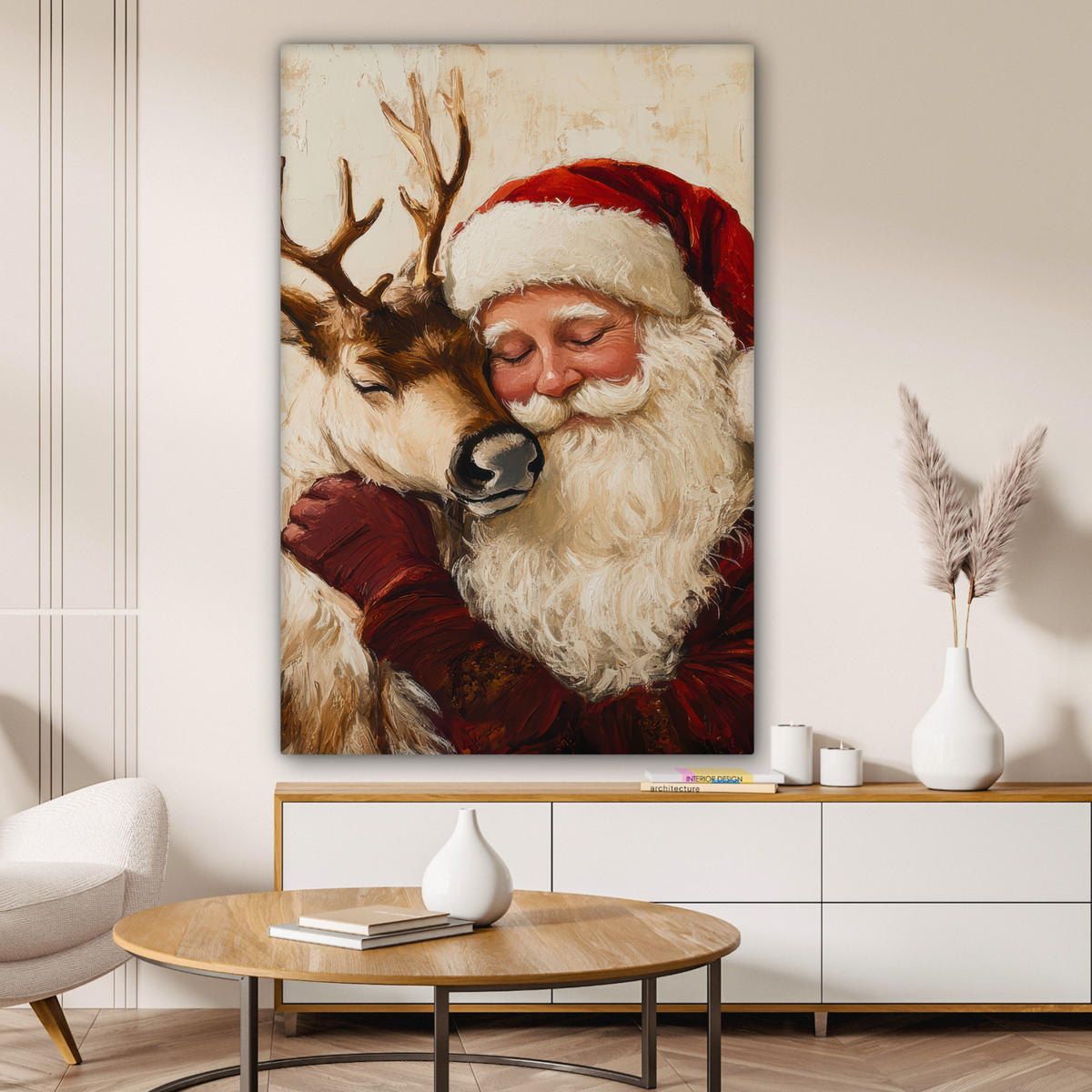 LEINWANDBILD Weihnachtsmann - Rentier - Weihnachten 80x120 cm - Rotbraun, Textil (80/120cm) - MuchoWow