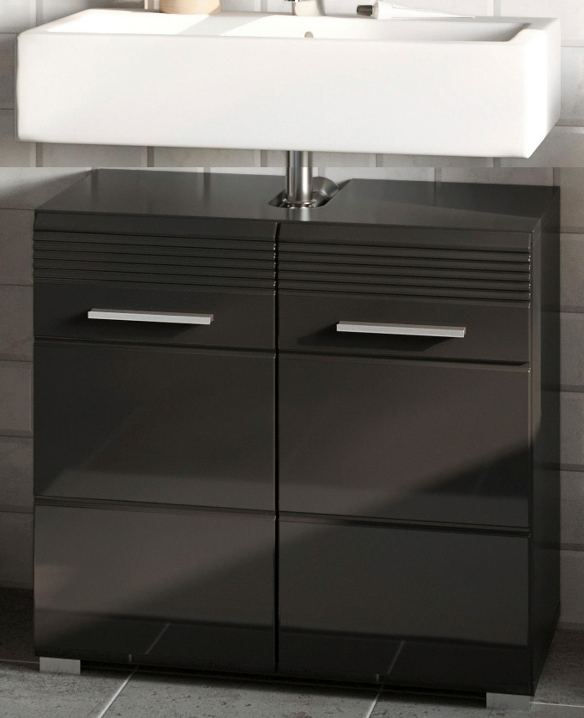 BADMÖBEL-SET schwarz Hochglanz, 2-teilig 60 cm, Badkombination mit Spiegelschrank - Schwarz, Glas/Holzwerkstoff (60/190/34cm) - Inn.Furn