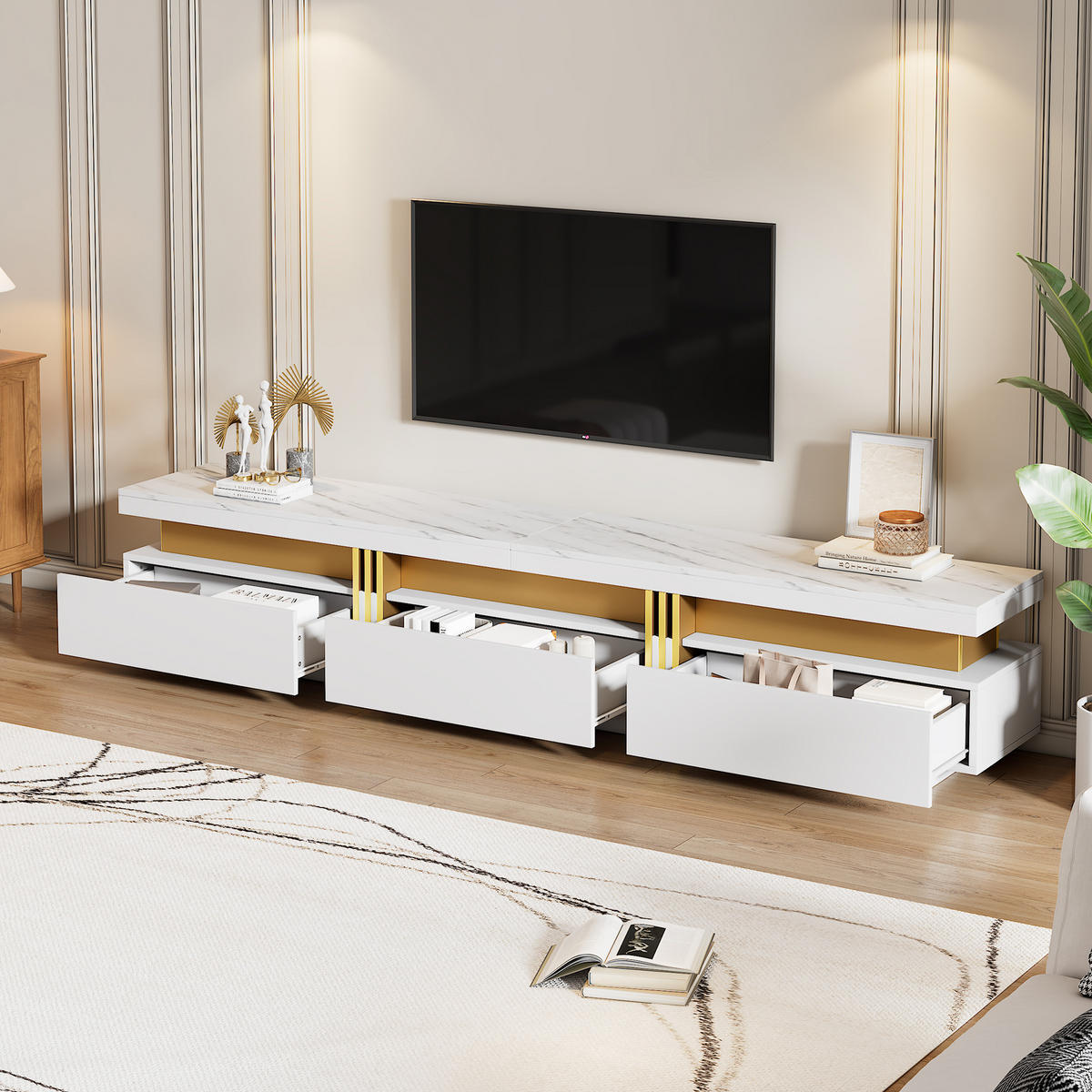 TV-ELEMENT 200/40/42 cm Marmoroptik mit 3 Schubladen und Kabelmanagement - Weiß, Holzwerkstoff (40/42/200cm) - Korfee