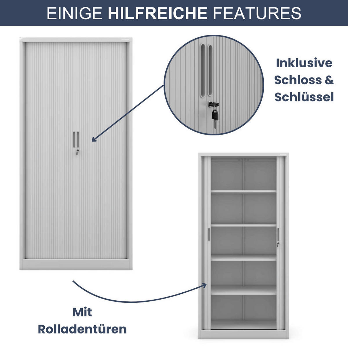 AKTENSCHRANK abschließbar KETI mit Rolladentüren 185x90x45cm Grau - Grau, Metall (90/185/45cm) - DELUKE