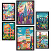 POSTER Set Mit 6 Von Mary Blair Inspirierte Eiffel Kolosseum Pisa Golgentor Stonehenge Empire State A3 & A4 Schwarzer Rahmen - Schwarz, Papier (29/3cm) - Nacnic