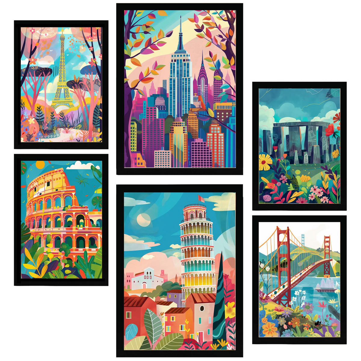 POSTER Set Mit 6 Von Mary Blair Inspirierte Eiffel Kolosseum Pisa Golgentor Stonehenge Empire State A3 & A4 Schwarzer Rahmen - Schwarz, Papier (29/3cm) - Nacnic