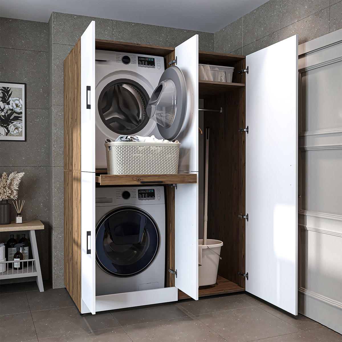 WASCHMASCHINENSCHRANK DORA-I 130cm Breit, 186cm Hoch - Eiche Bianco, Holzwerkstoff (130/186/73.8cm)