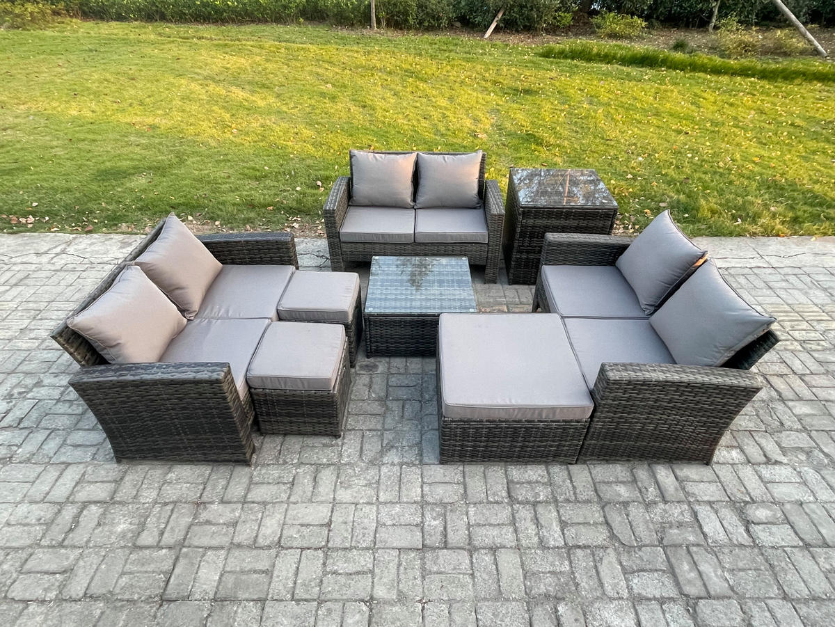 GARTENSOFA Hohe Rückenlehne Polyrattan Dunkelgrau 9-Sitzer - Dunkelgrau, Metall - Fimous