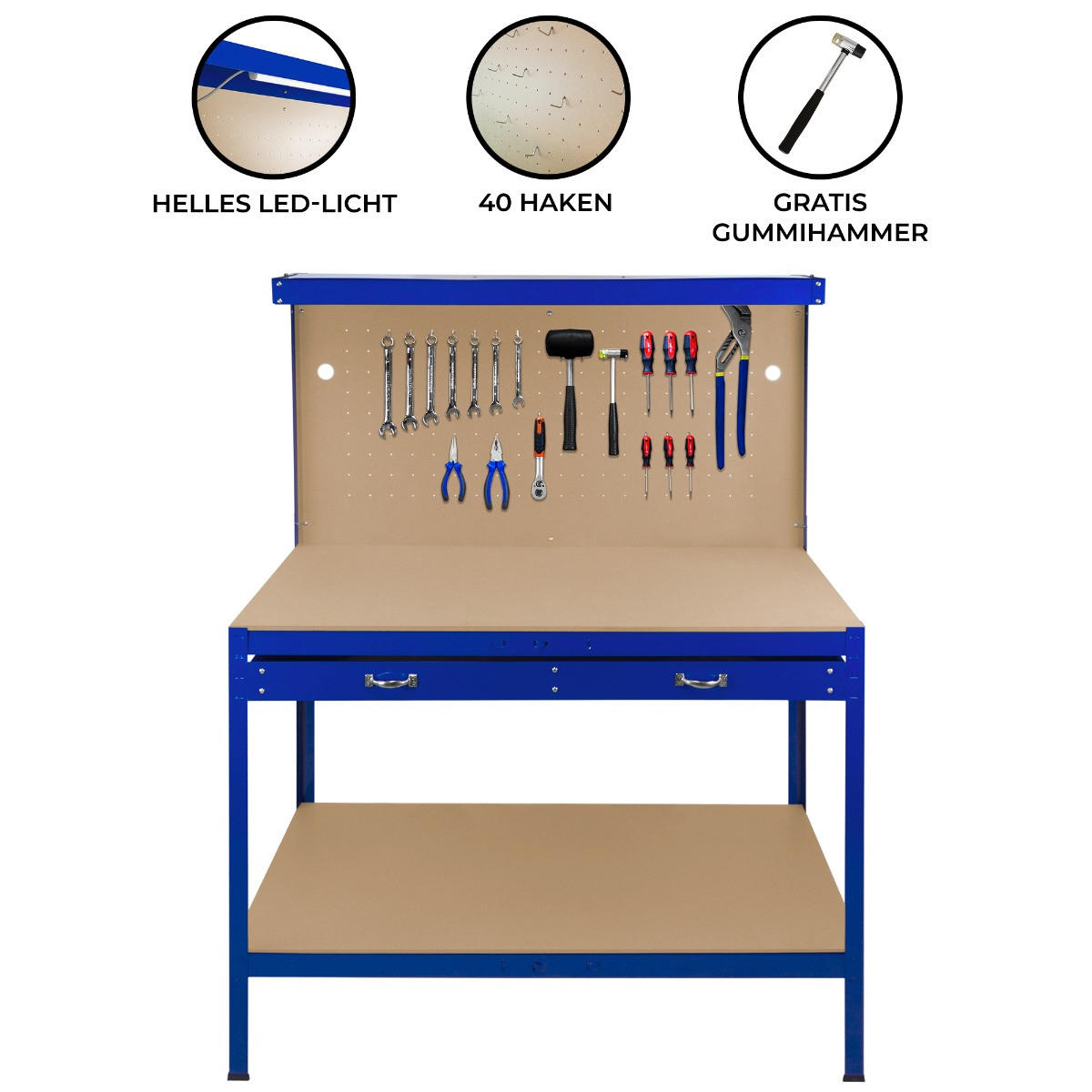 WERKBANK mit Lochwand, Schublade & Licht - Blau - Blau, Metall (120/155/60cm) - Monster Racking