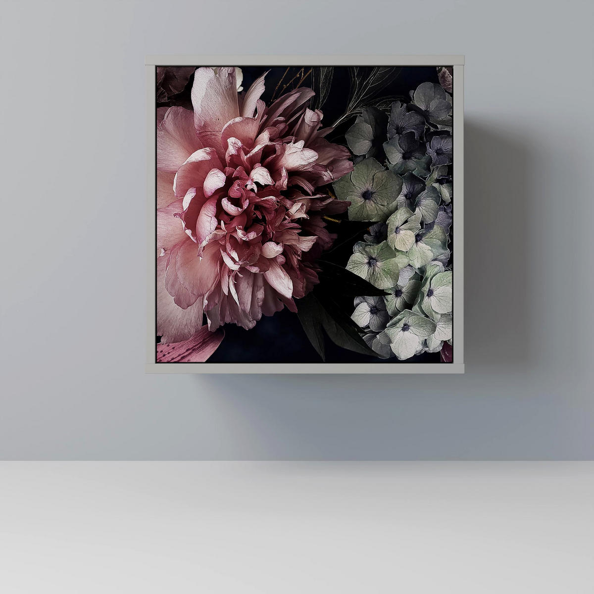 SIDEBOARD PURE BLOSSOM, Grau, 57,5x42x67,5 cm, Schwarze Metall-Rahmenfüße - Multicolor/Schwarz, Holzwerkstoff/Metall (57.5/67.5/42cm) - SpaceRebels