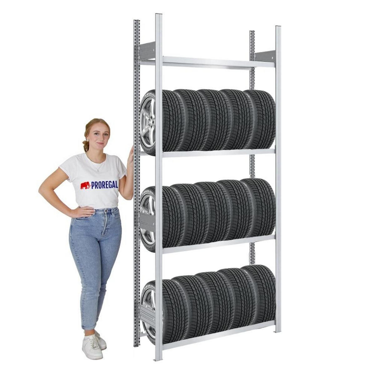 REIFENREGAL TIRE PRO 250x100x43cm 4 Ebenen 150kg Fachlast Bis zu 5 Reifen pro Ebene Verzinkt - Silberfarben, Metall (100/250/43cm) - PROREGAL