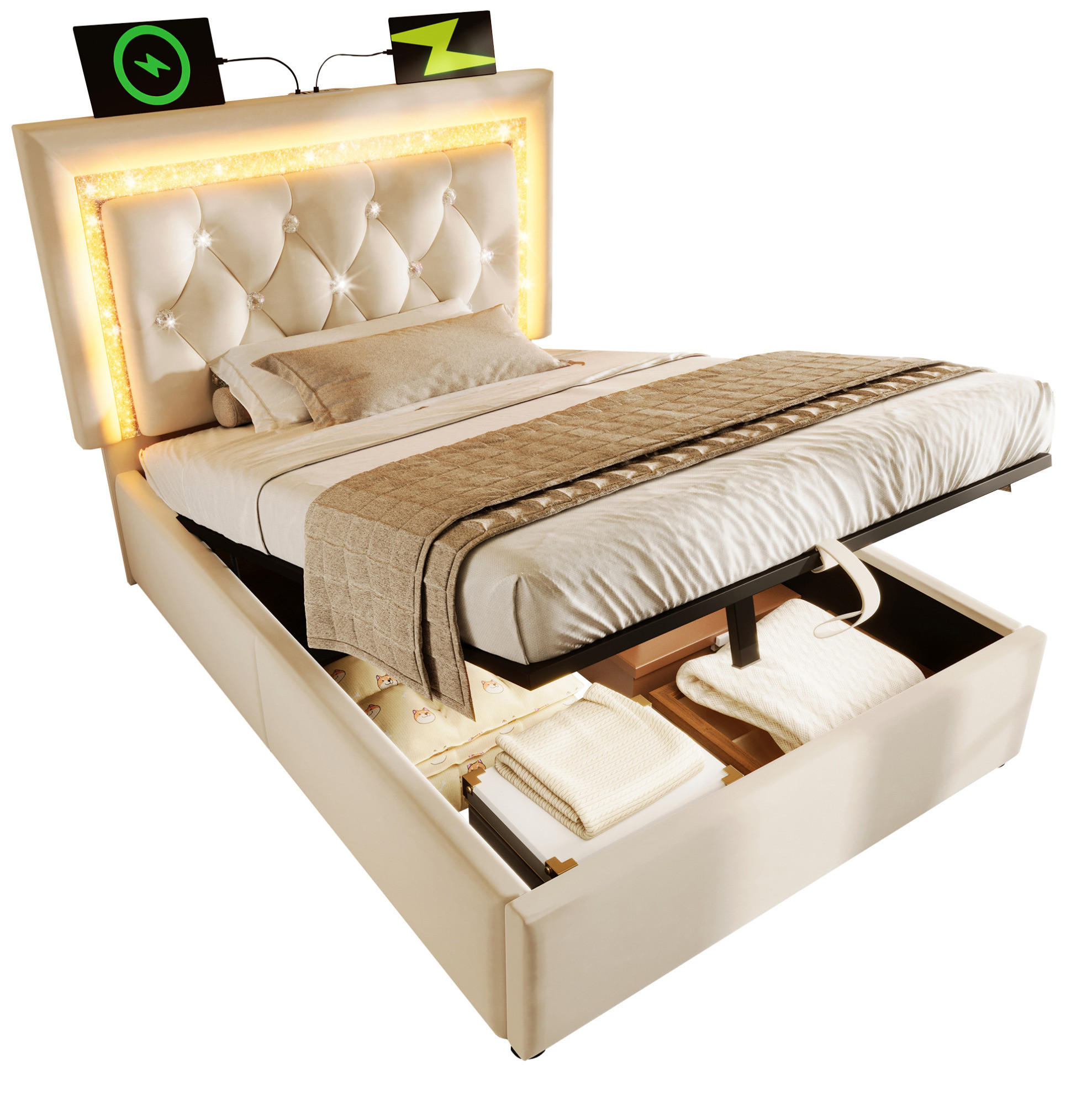 POLSTERBETT 90/200 cm Beige aus Samt mit Bettkasten, LED und Matratze - Beige, Textil (90/200cm) - Flora Grace