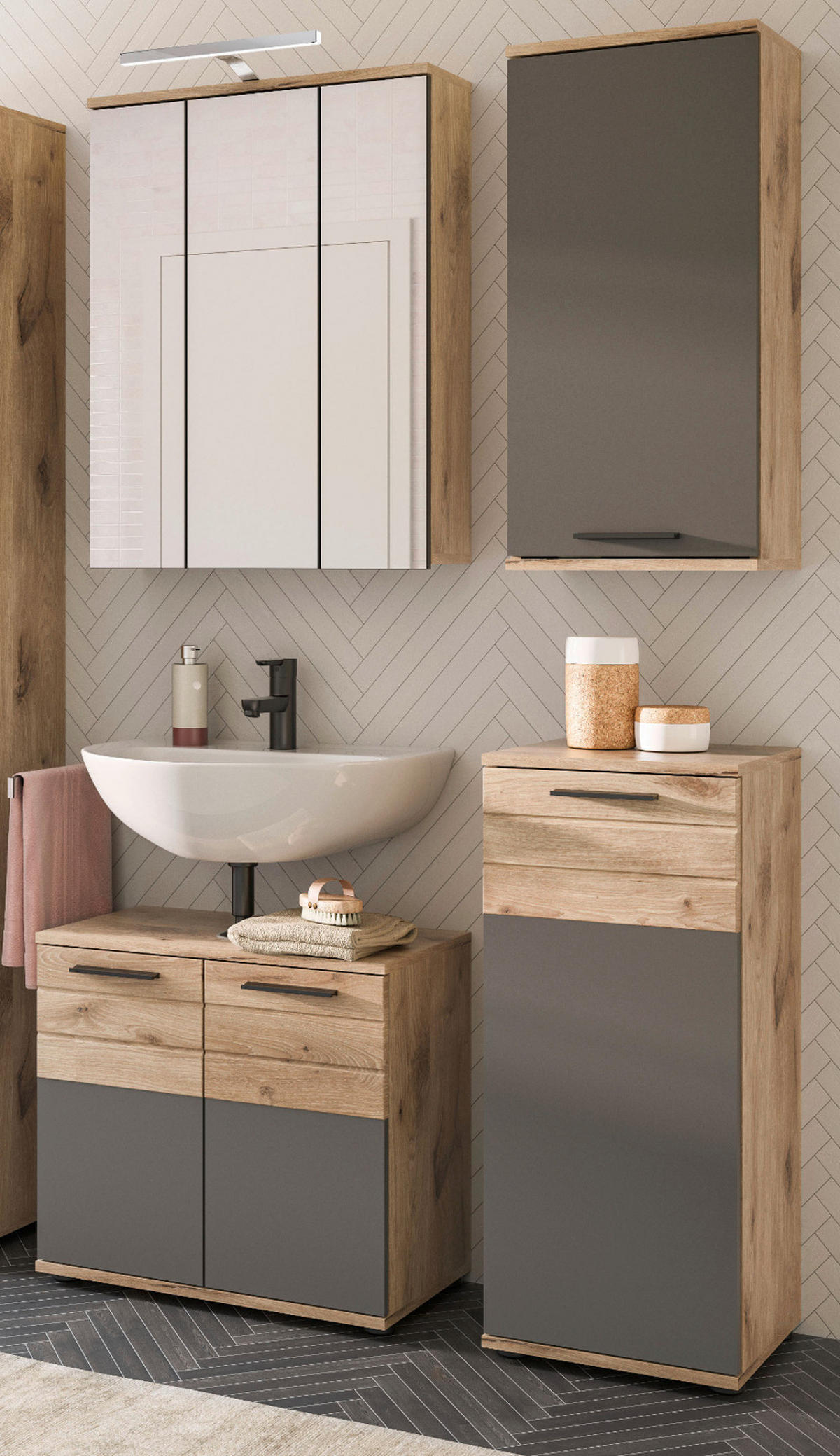 UNTERSCHRANK Eiche grau 37 x 87 cm, Kommode mit Soft-Close, Badmöbel - Eichefarben/Schwarz, Holzwerkstoff/Kunststoff (37/87/34cm) - Inn.Furn