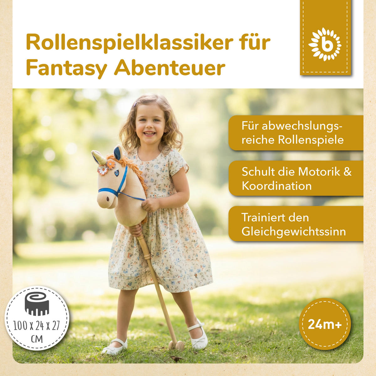 STECKENPFERD Holz Einhorn Magic - Beige, Textil (24/100cm) - Bieco Spielwaren