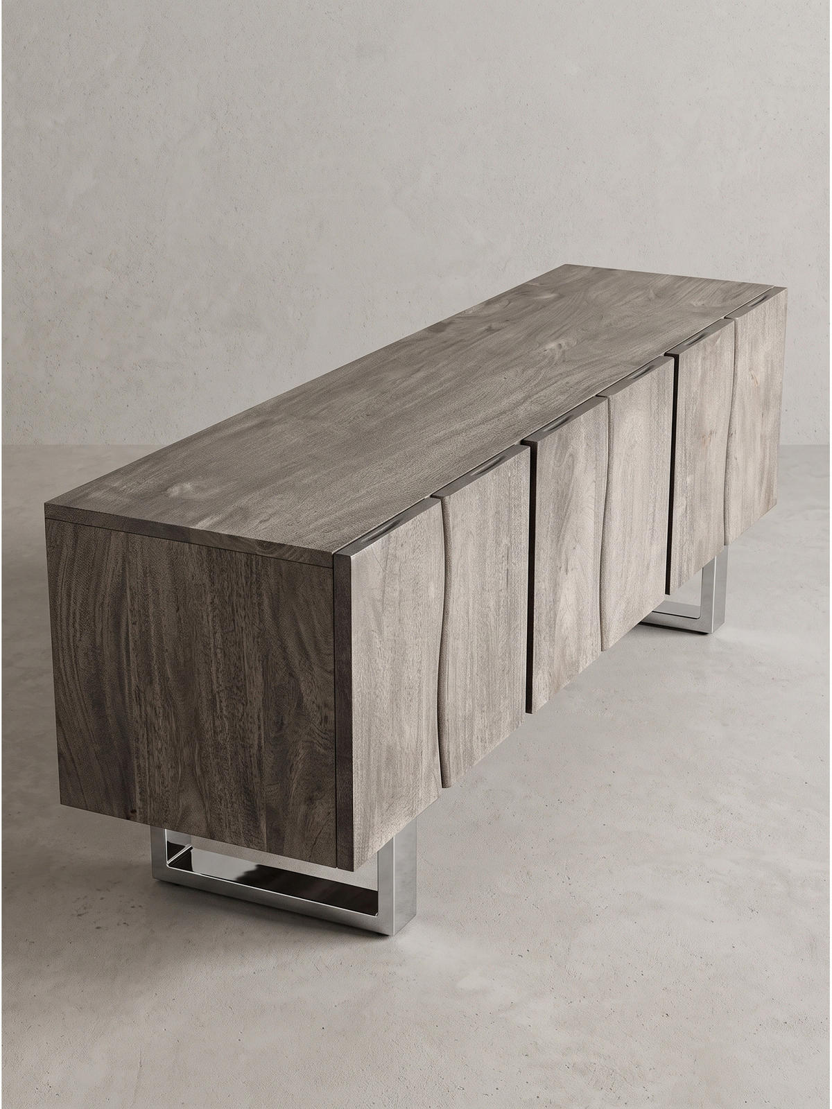 LOWBOARD GRIPSHOLM, Akazie Massivholz, handgefertigt, Akazie-Grau, 160 x 46 x 56 cm - Chromfarben/Grau, Holz/Metall (160/56/46cm) - KADIMA DESIGN