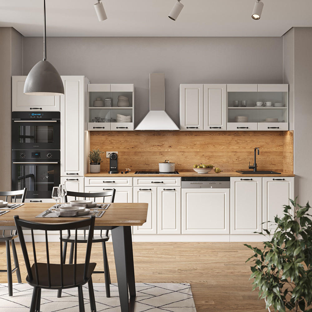 KÜCHENZEILE R-Line Weiß Landhaus/Weiß 350 cm mit Hochschrank, ohne AP - Creme/Weiß, Holzwerkstoff (350/81.6/46cm) - Vicco