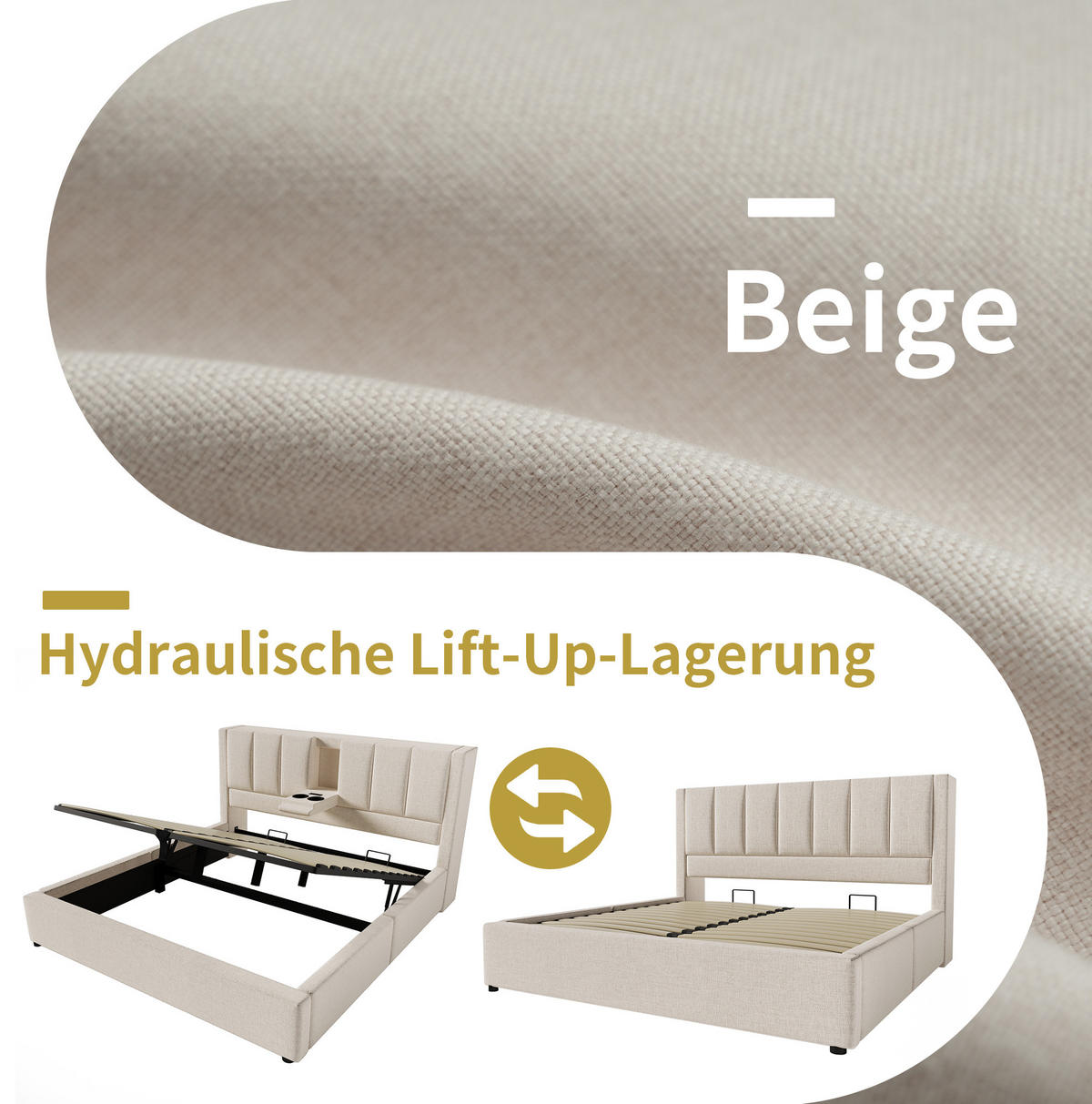 POLSTERBETT 180/200 cm aus Leinen mit Stauraum und Ladestation Beige - Beige, Textil (180/200cm) - Modenvie