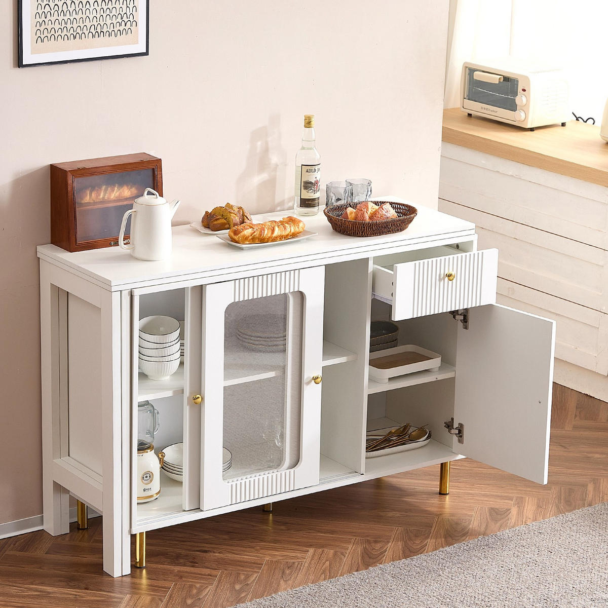 SIDEBOARD Weiß, Klappplatte, Glastüren, Goldfüße - Weiß, Holz (122/82/40cm)