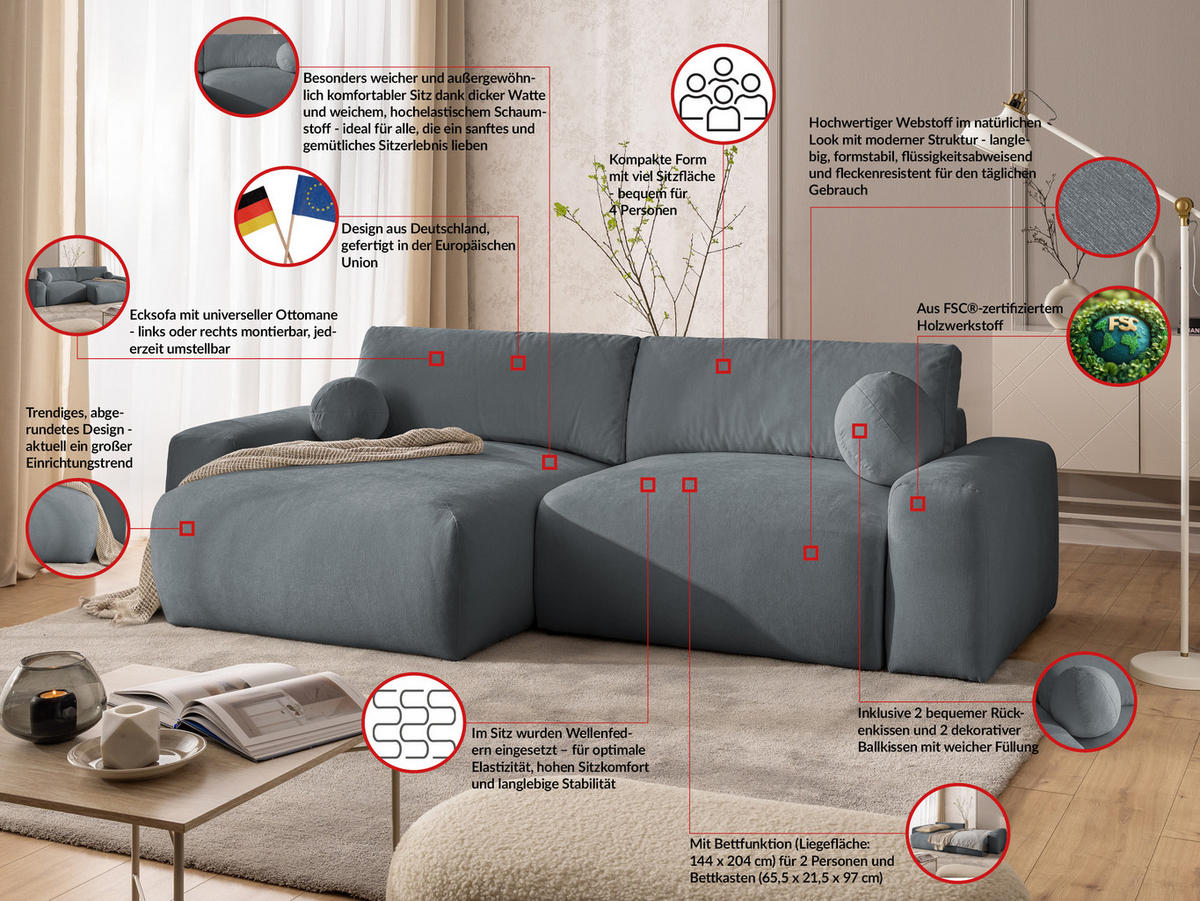 ECKSOFA Puffy mit Schlaffunktion und Bettkasten - besonders weich und puffig aus Dunkelgrau Webstoff - Ottomane links - Dunkelgrau/Schwarz, Holz/Kunststoff (138/266cm) - S-Style Möbel