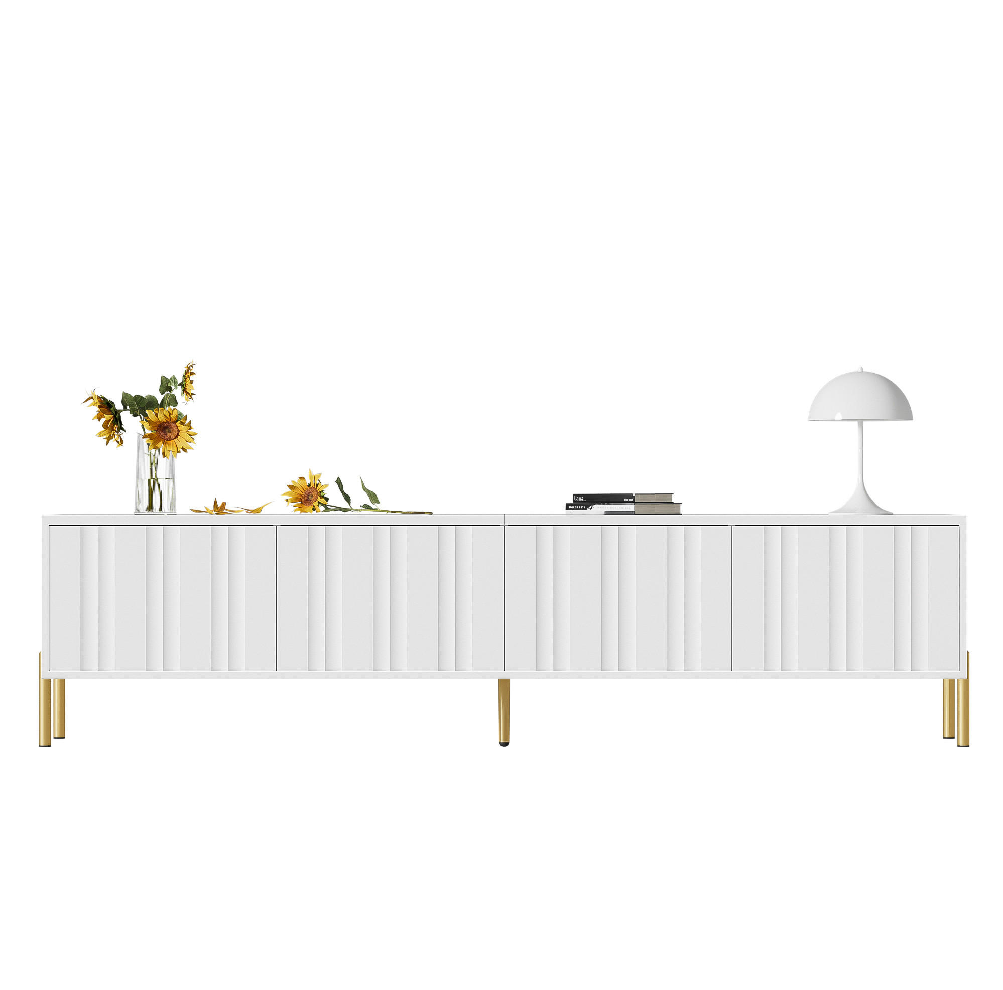 TV ormarić od MDF-a i iverice 190x38x48 cm bijela s 4 vrata, tihim šarkama, reljefnim frontama i zlatnim nogama - bijela, drvni materijal (190/48/38cm) - Modfu