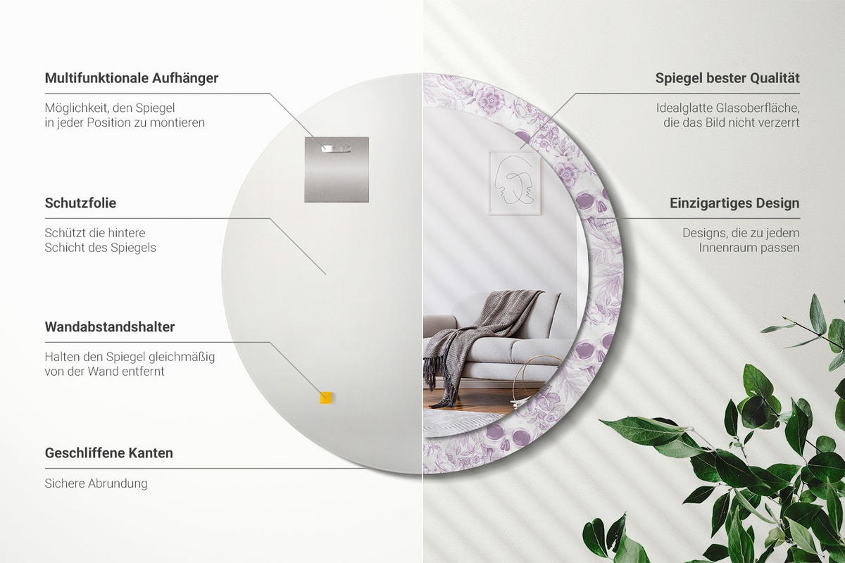 SPIEGEL Rund Ø 80 cm mit Aufdruck - Violett, Glas (80/80/0.4cm) - Wallfluent