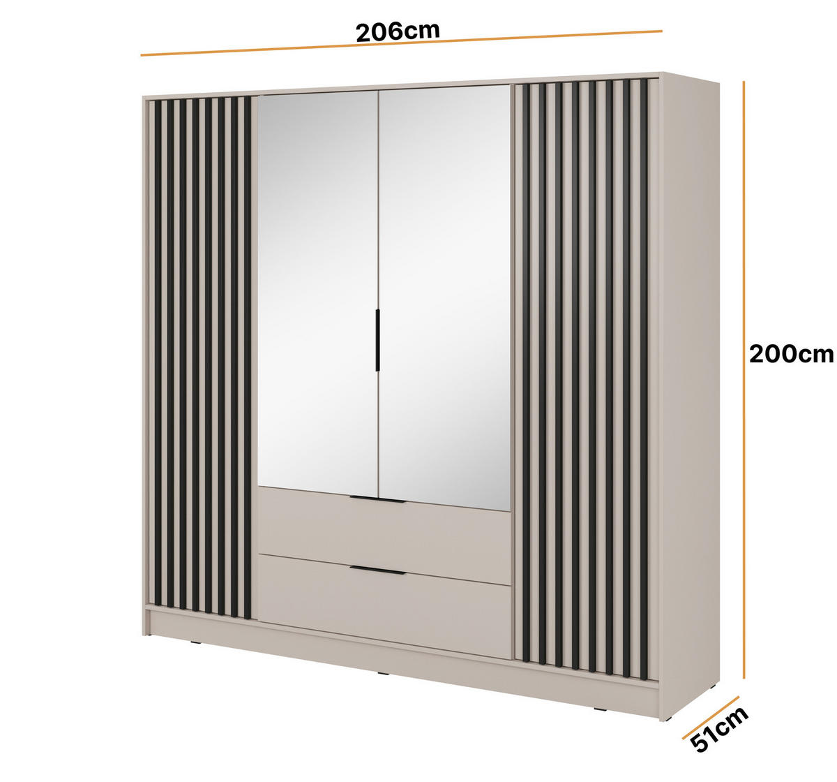KLEIDERSCHRANK Stilo in Kaschmir, vier Türen, mit Spiegel und Lamellen an der Front - Kaschmir/Schwarz, Holzwerkstoff/Kunststoff (206/200/51cm) - Ravio