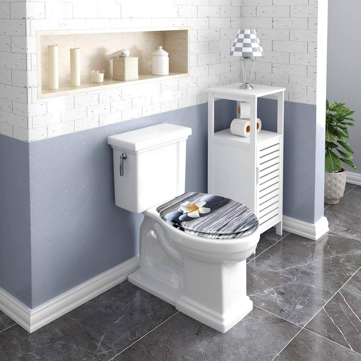 WC SITZ mit Absenkautomatik,Antibakteriell,Weiße Frangipani - Weiß/Grau, Kunststoff (37/2.51/45cm) - Woltu