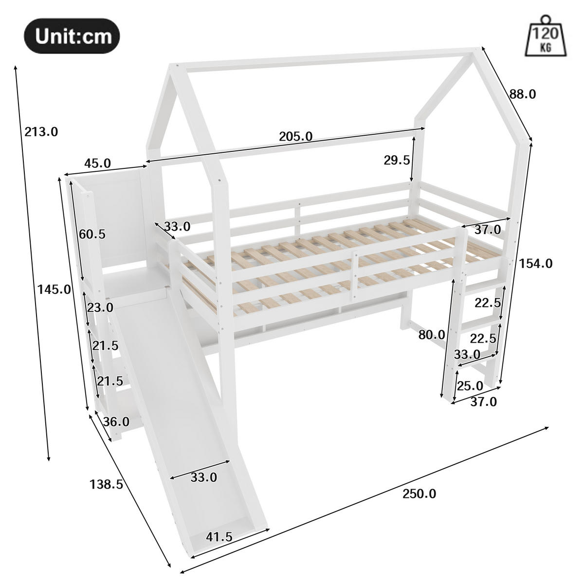 HOCHBETT 90/200 cm in Weiß mit Rutsche, Regal und LED im Haus-Design - Weiß, Holz (90/200cm) - STILVORA