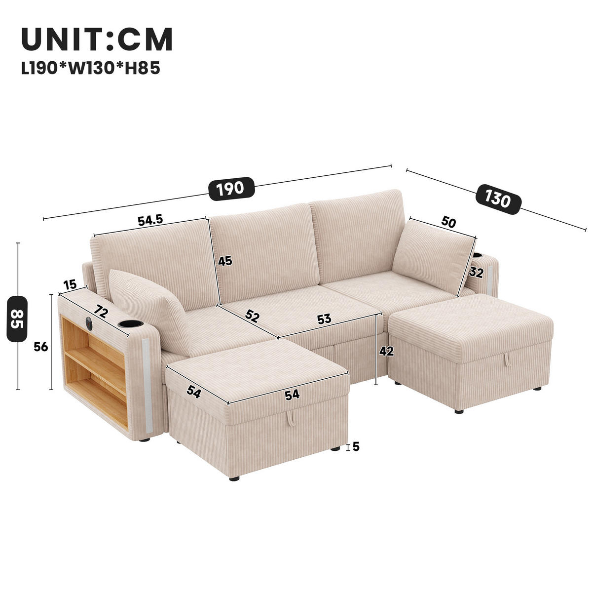 SOFA modulares U-/L-Form 190 x 130 x 85 cm Cord Beige 2 Hocker - Beige, Holz (130/85/190cm) - Meubliv
