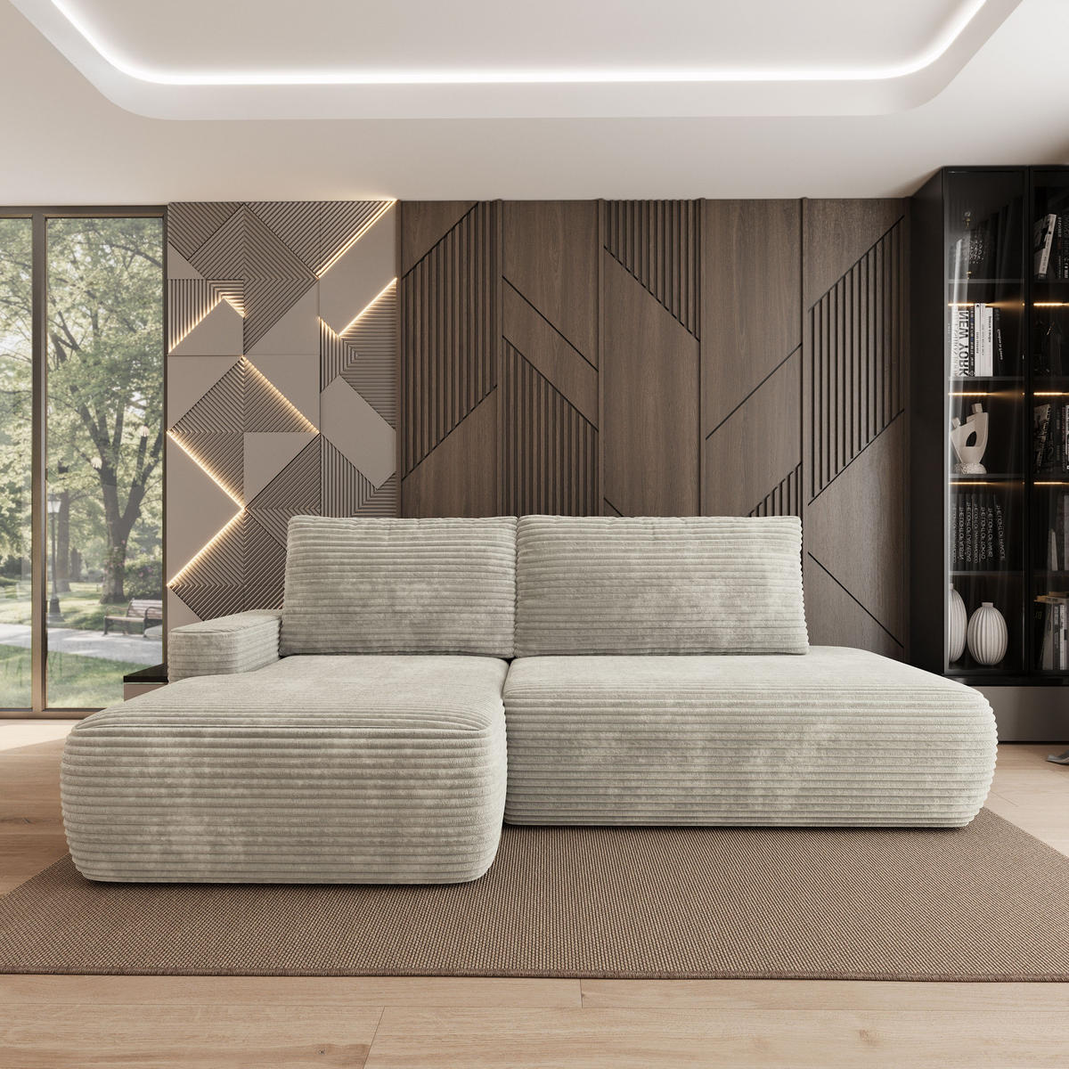 ECKSOFA AVINI T L-S Hellgrau Kordstoff mit Schlaffunktion - Hellgrau, Holzwerkstoff/Textil (277/160cm) - MASSENO