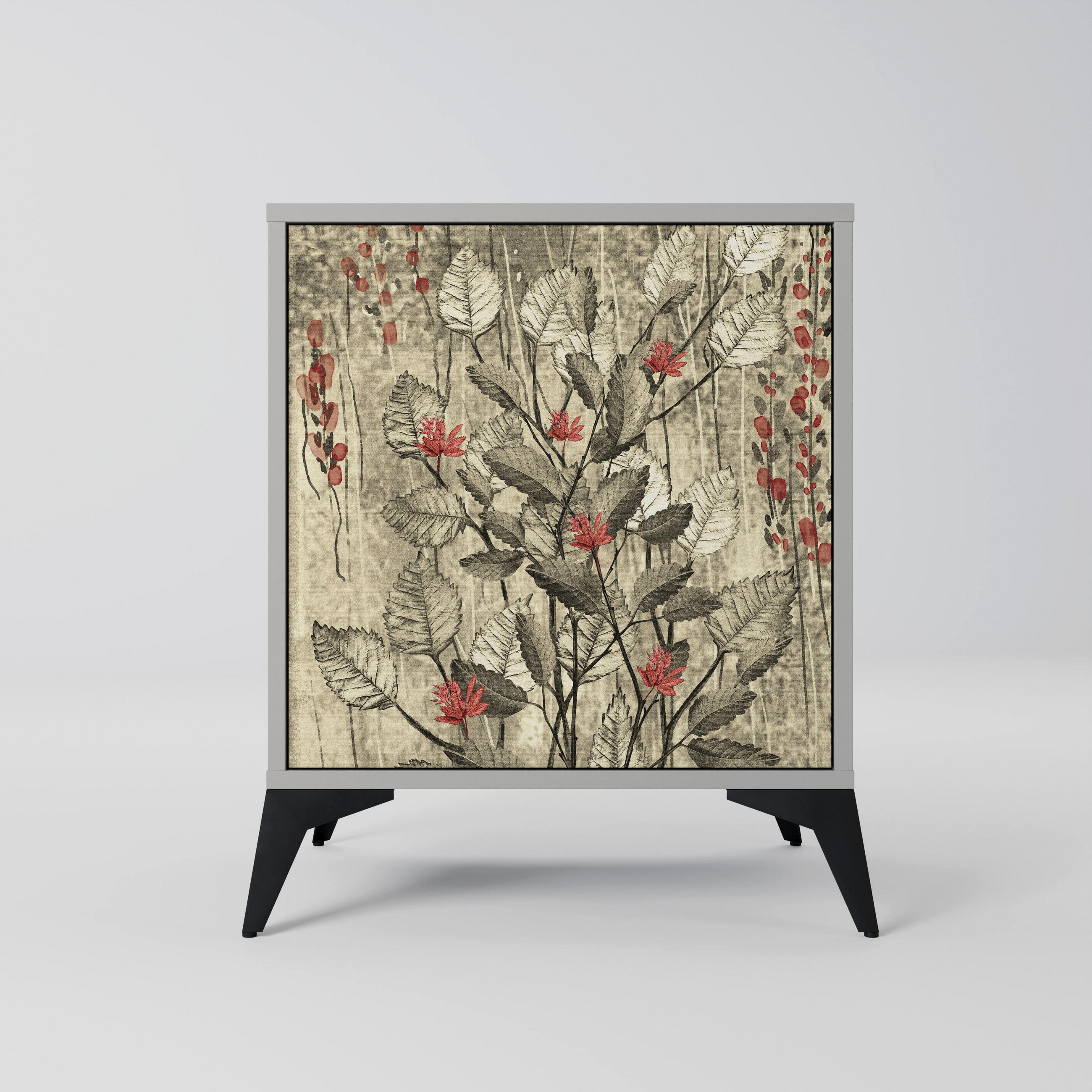 SIDEBOARD HERBAL GRACE, Grau, 57,5x42x70,5 cm, Schwarze Metall-Sternfüße - Multicolor/Schwarz, Holzwerkstoff/Metall (57.5/70.5/42cm) - SpaceRebels