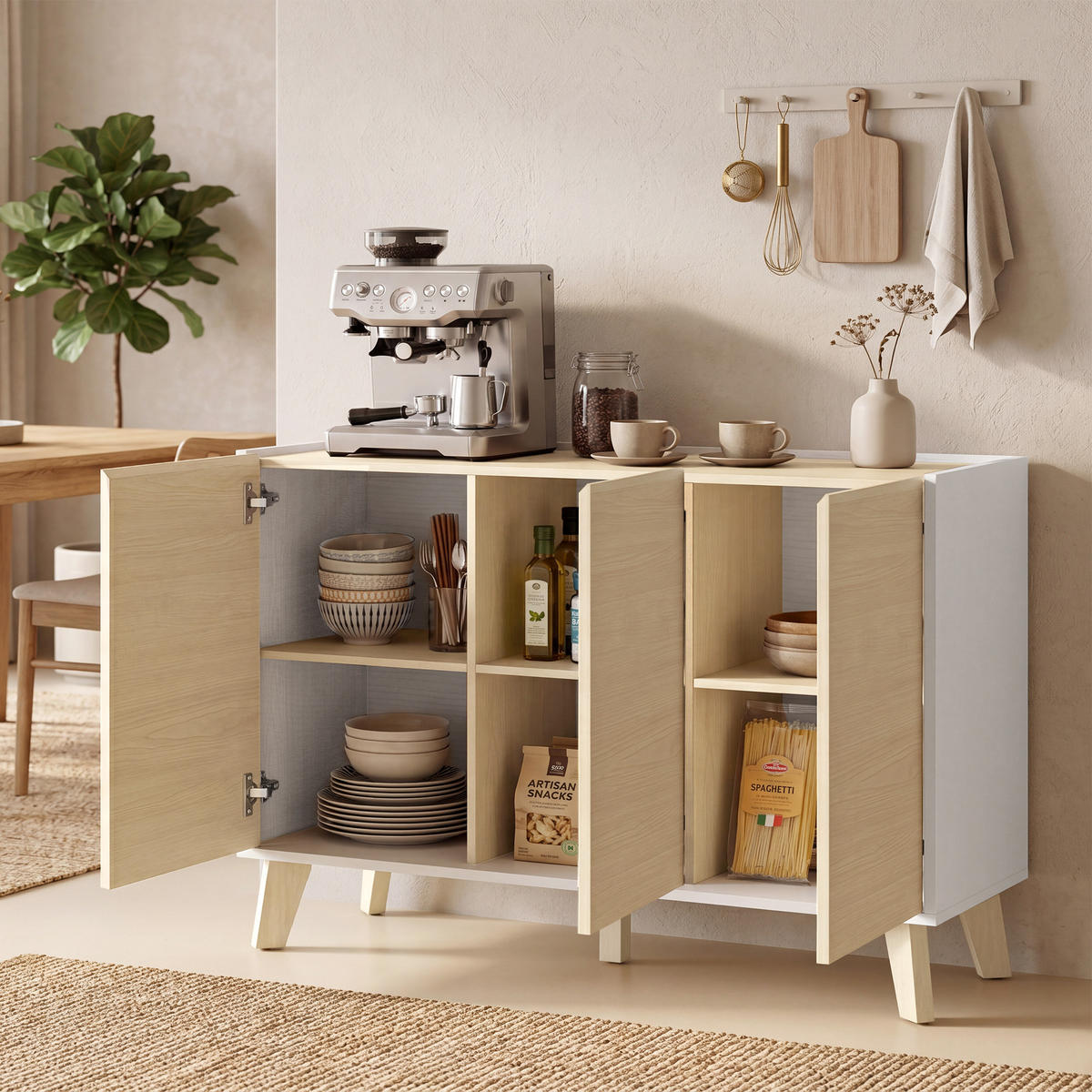 SIDEBOARD Holzfarben und Weiß, 3 Türen, 120/35/73,5 cm - Weiß, Holz (120/73.5/35cm) - PANGIVO